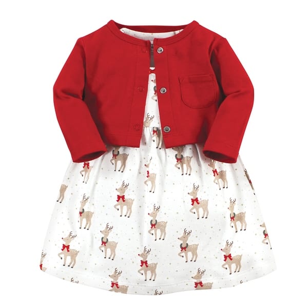 slide 1 of 1, Hudson Baby Toddler Girl Cotton Dress and Cardigan Set, Fancy Rudolph 2T - Fancy Rudolph