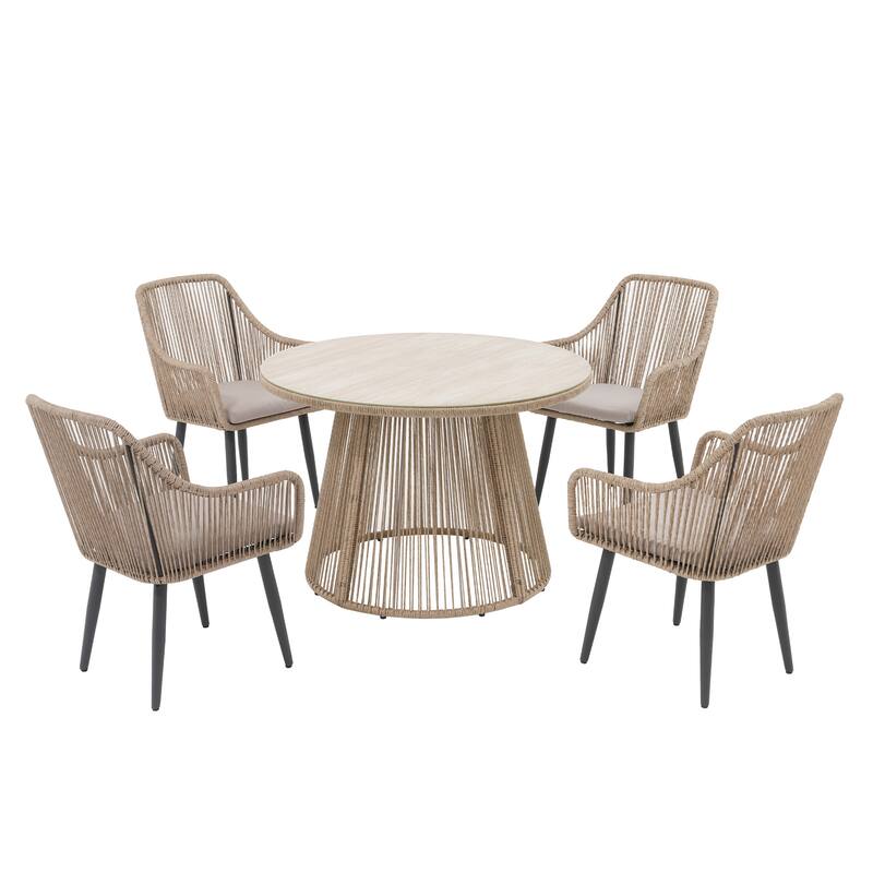 5 Pieces Outdoor PE Rattan Patio Dining Set with Round Tempered Glass Table