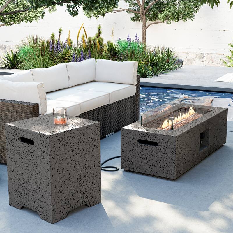 COSIEST Outdoor Rectangular Propane Fire Pit with Wind Guard, Tank Cover Table