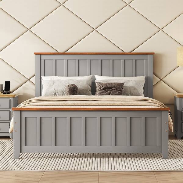 slide 2 of 10, Full Size Wood Platform Bed Wooden Slat Support, Vintage Simple Bed Frame with Rectangular Headboard and Footboard, Grey Grey