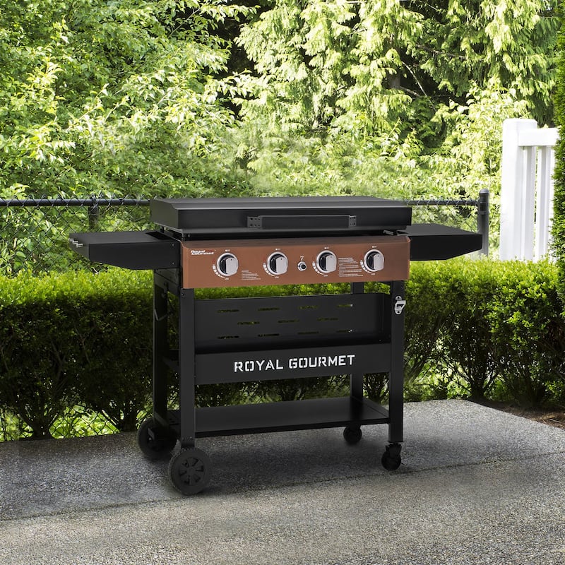 Royal Gourmet 4-Burner Gas Griddle with Hood and Side Shelves