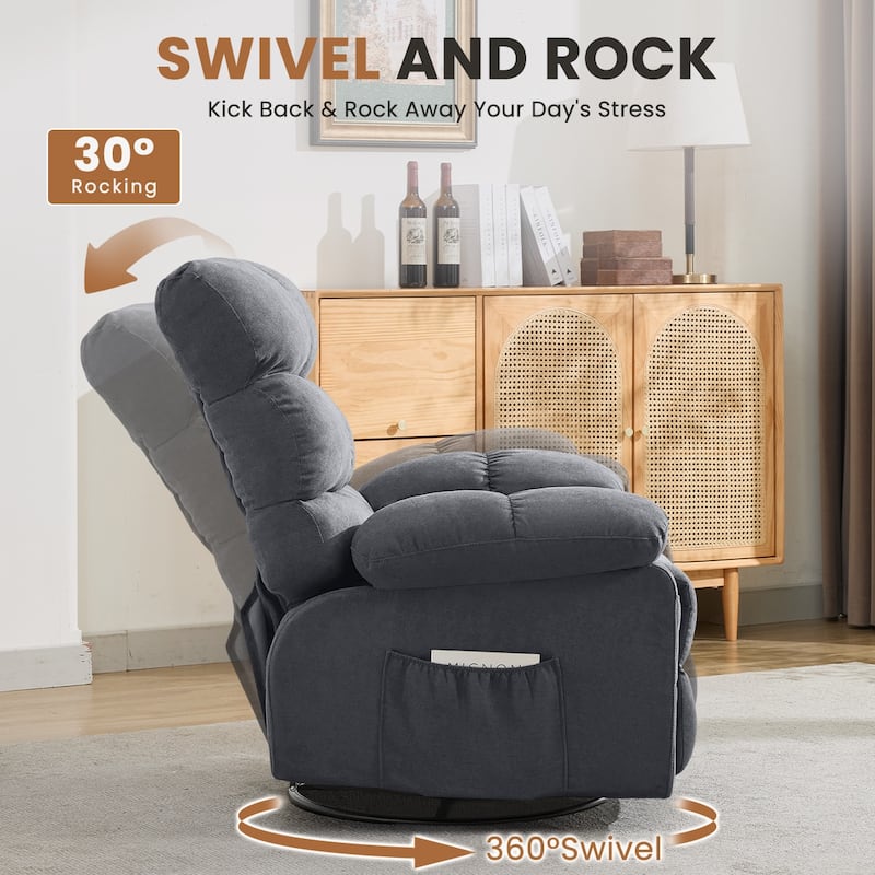 Swivel Rocker Recliner Chair 360° Manual with Side Pockets for Adults