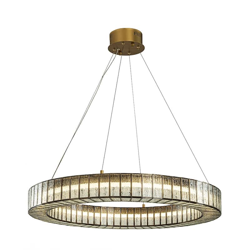 34'' Modern Halo Round Textured Glass Integrated Led Chandelier Brass Empire Led Ceiling Light For Dining Room Living Room - W34'' - Painted Brass