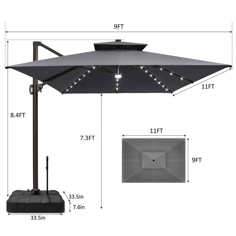 VredHom 9x11 FT Daul Top Rectangular Outdoor Patio Cantilever Umbrella Solar LED Lighted with Rod Base