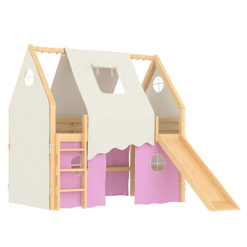 Fairytale Loft Bed Wooden House Bed with Tents, Light Strip and Slide