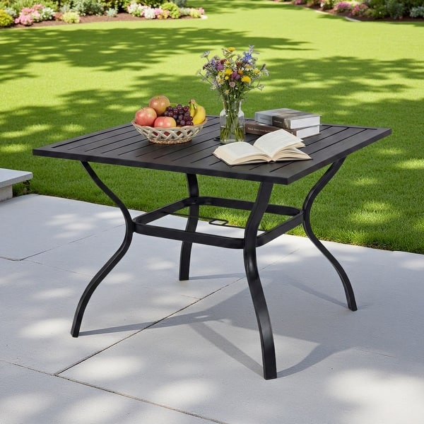 iwicker patio square steel dining table with umbrella hole Sophia & William 9pc Set for 8, Rattan Chairs The elegant black and brown color scheme complements any patio decor beautifully 9-piece Outdoor Patio Dining Set,