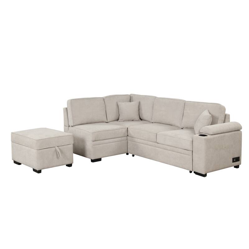 Beige 84.75'' L-Shaped 5 Seater Sectional Sleeper Sofa Bed with Storage Ottoman and Pull-Out Bed, Perfect for Living Room
