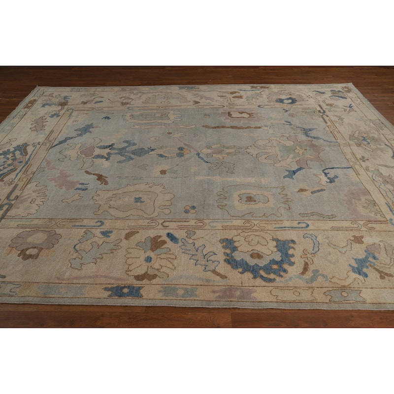 Geometric Oushak Turkish Area Rug Hand-Knotted Blue Wool Carpet - 7'9"x 10'0"