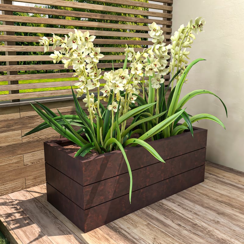 Oasis Modern Rectangular Trough Planter - Weather-Resistant Fiberstone & MgO Clay Flower Box for Patio, Entryway, Indoor Decor
