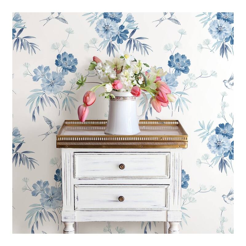 Brewster Deja Blue Floral Wallpaper - 20.5 x 396 x 0.025