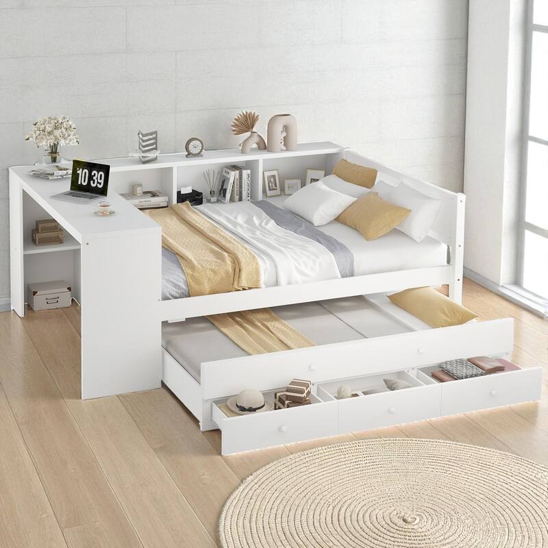 Twin/Full Size Wood Daybed with Trundle, Storage Drawers, Shelves and Built-in Desk, No Box Spring Needed