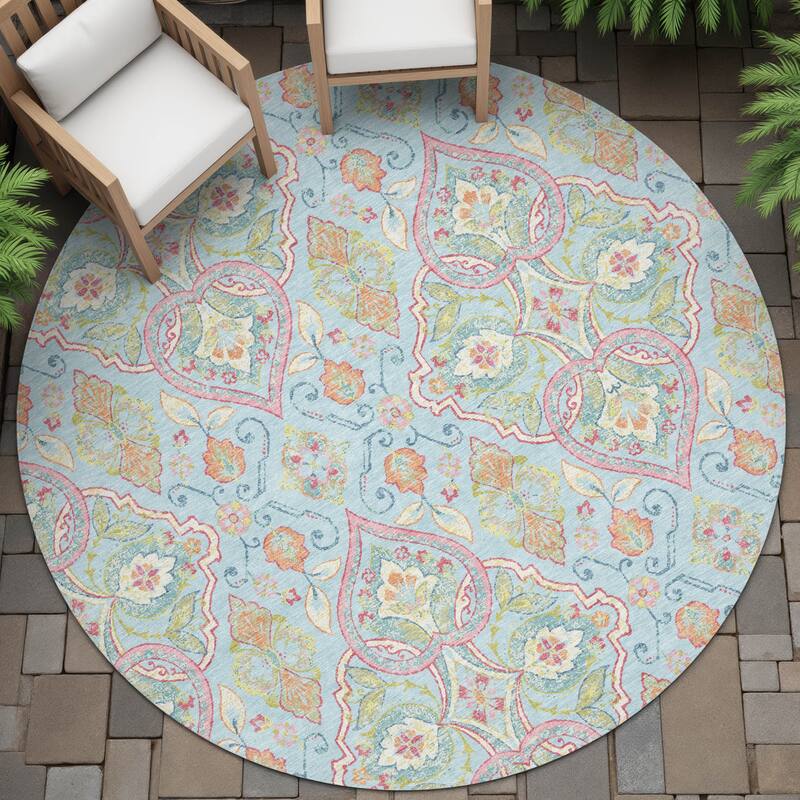 Machine Washable Indoor/Outdoor Traditional Spades Chantille Rug - Sky - 8' x 8'