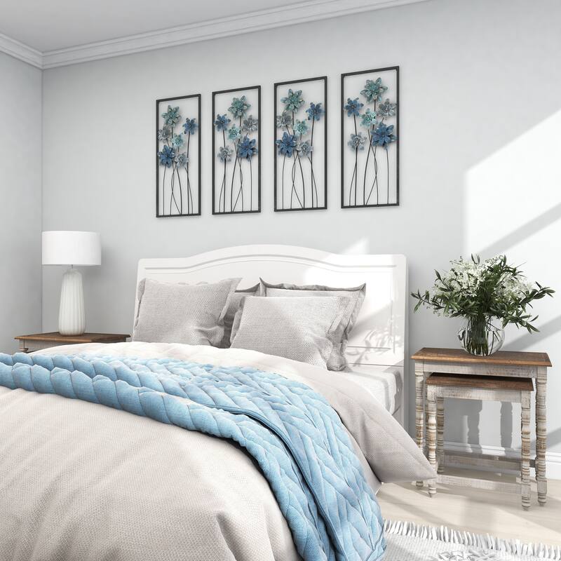 Teal Metal Floral Home Wall Decor with Black Frames and Gold Accents (Set of 2)