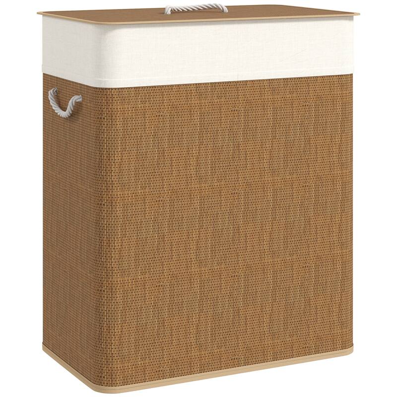 HOMCOM Double Laundry Basket with Lid, 26.4 Gallon Bamboo Laundry Hamper with Rope Handles, Clothes Hamper with Removable Liner