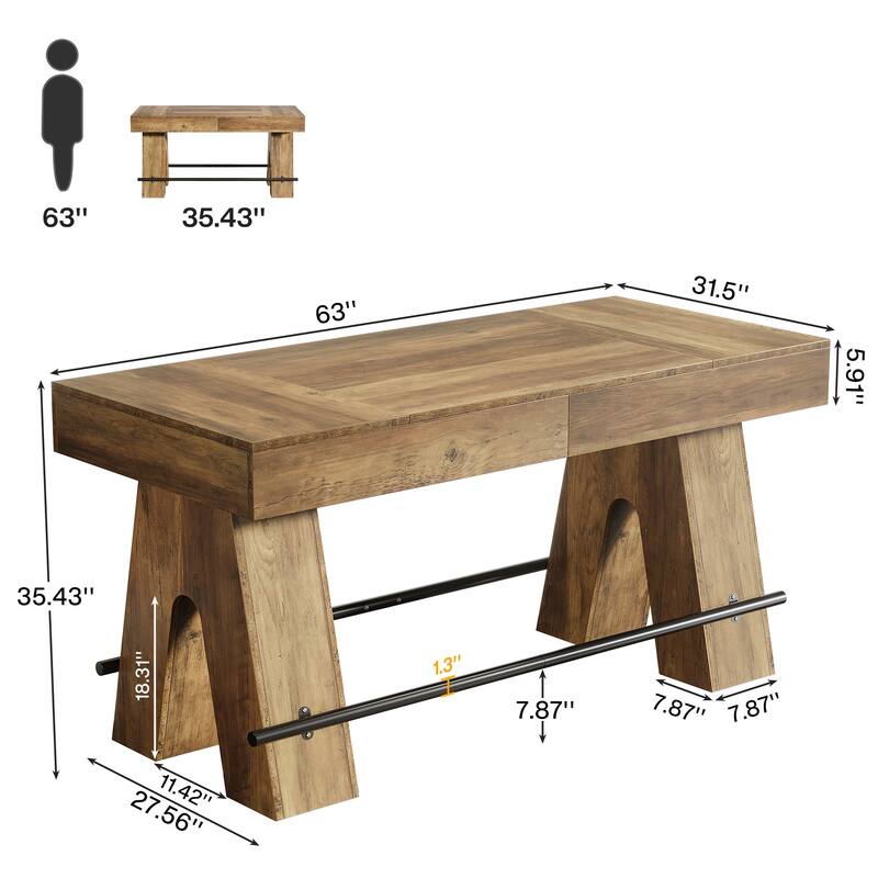 63-Inch Bar Table, Counter Height Pub Table with Metal Footrest for Home Bar, Kitchen