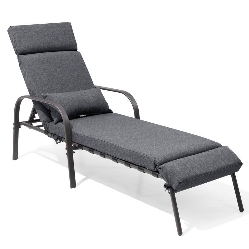 Outdoor Recliner Adjustable Chaise Lounge Chair with Cushion & Pillow - Dark Grey - 1PC - New upgrade