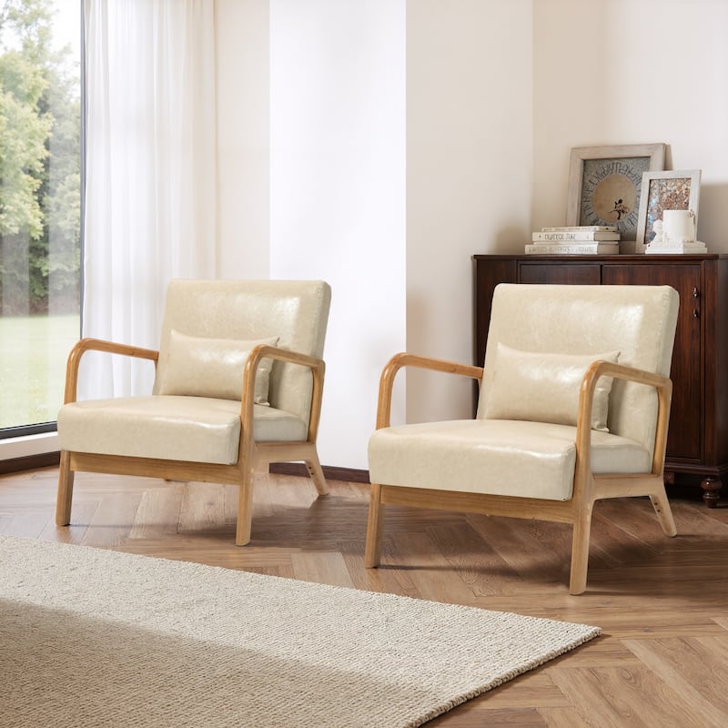 2 Set Mid-Century Modern Faux Leather Accent Chairs with Cushion