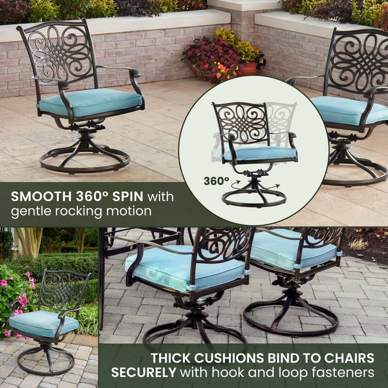 Hanover Outdoor Traditions 9-Piece Dining Set with Eight Swivel Dining Chairs and a Large 84 x 42 in. Dining Table