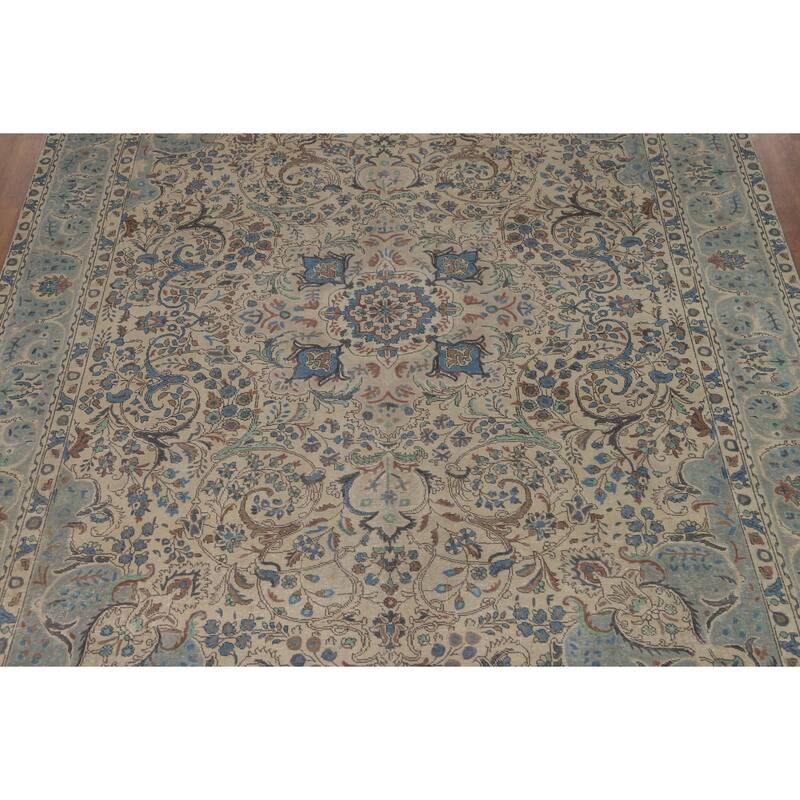 Floral Medallion Tabriz Persian Area Rug Beige Handmade Wool Carpet - 9'7"x 12'9"