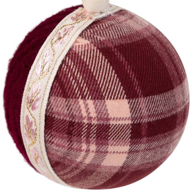 Plaid and Knitted Christmas Ball Ornaments - 3.5" - Maroon and Ivory - Set of 4
