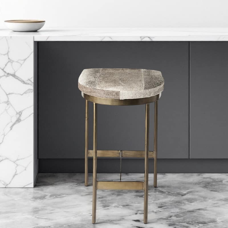 29” High Gold Frame Backless Bar Stool with Gray Upholstered Hide Saddle Seat for Kitchen or Bar - 26"H x 18"W x 16.5"D