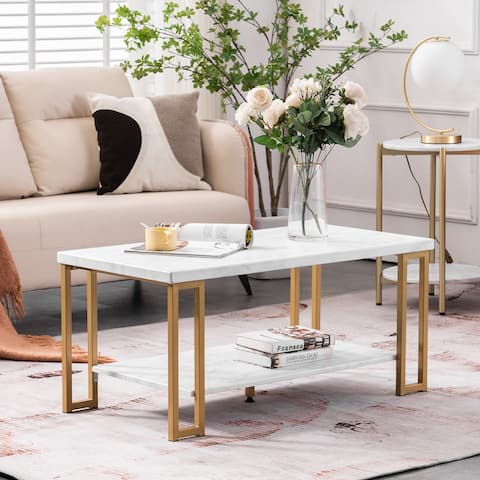 Double-layer Golden Iron Pipe Marble PVC Coffee Table