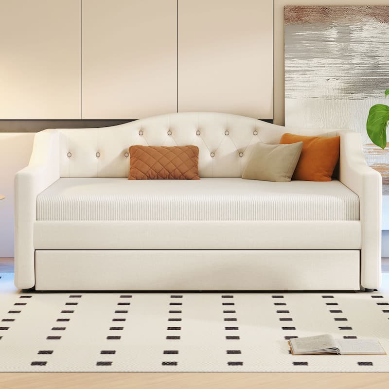 Full XL Size Linen Upholstered Daybed with LED Lighting and Trundle