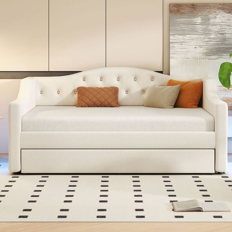 Full XL Size Upholstered Daybed with Linen Cover Backrest & Trundle, Wood Sofa Bed Frame with LED Lighting, No Box Spring Needed