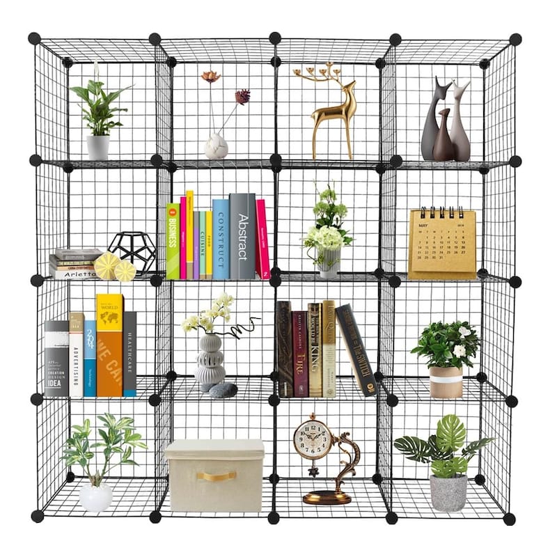 16 Cube Wire Grid Organizer,Multi Use DIY Bookcase - Black