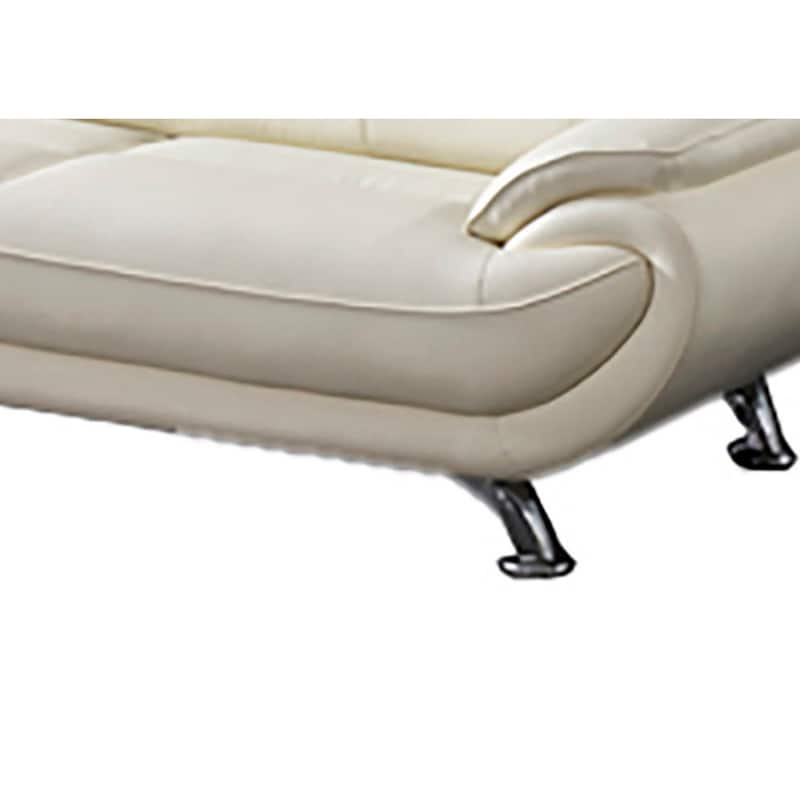 Olaf 82 Inch Sofa, Tufted Ivory Faux Leather Upholstery, Chrome Metal, Wood