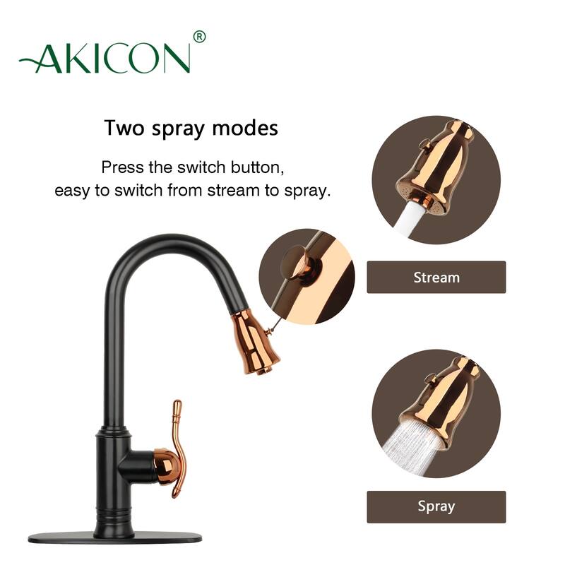 Two-Tone Matte Black & Rose Gold Kitchen Faucet with Deck Plate, Single Level Handle and Pull Down Sprayer