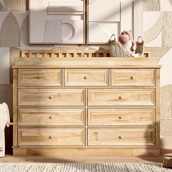 slide 2 of 20, Rustic Solid Pine Wood 9-Drawer Dresser with Changing Top, Nursery Storage Organizer with Anti-Tip Kit, Baby Room Furniture