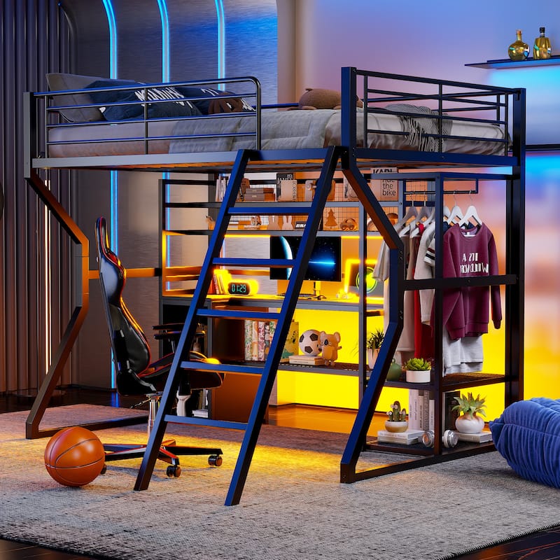 Full Metal Gaming Loft Bed - Built-in Desk, Wardrobe & LED Lights, Multi-Storage