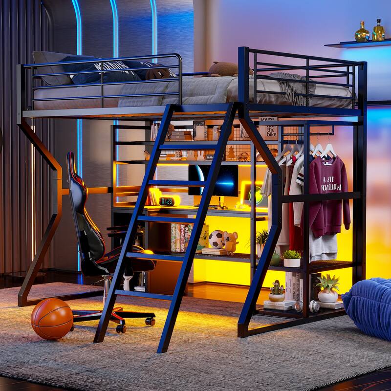 Full Size Black Metal Gaming Loft Bed w/ Open Wardrobe & Built-in Work Station, LED Storage Loft Bed Frame for Kids,Teens,Adults