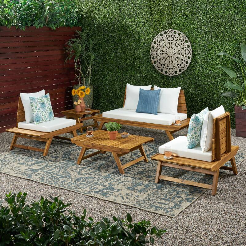 Sedona Outdoor 4 Seater Acacia Wood Chat Set with Side Table and Coffee Table by Christopher Knight Home