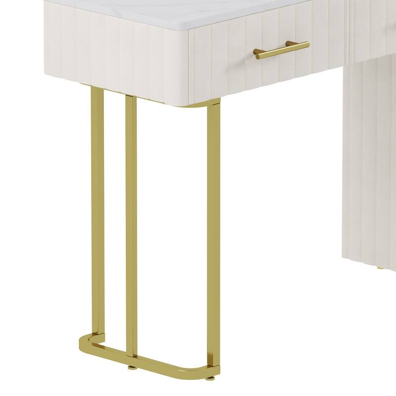Velvet Upholstered Vanity Desk with Chair, Vanity Set with 5 Big Drawers, Makeup Table with Padded Chair