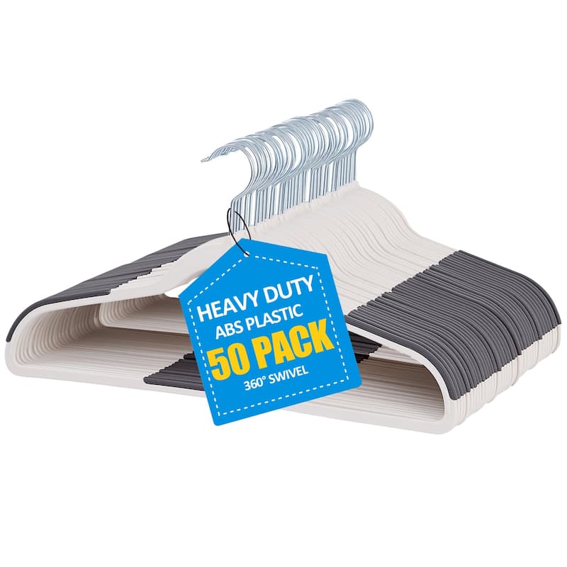 Non-Slip Plastic Clothes Hangers with clips Heavy Duty Dry Wet Clothes Hangers Space-Saving Swivel Hook - 50 Pack - Grey