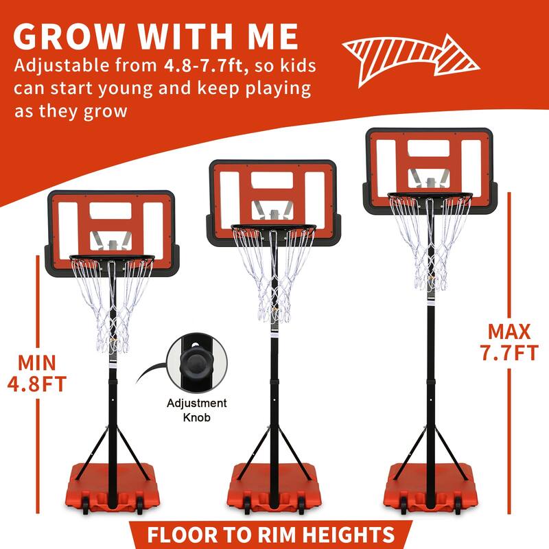 Roomfitters Portable Basketball Hoop with 28 Inch Backboard, Adjustable Height 4.8-7.7ft and Stable Base with Wheels