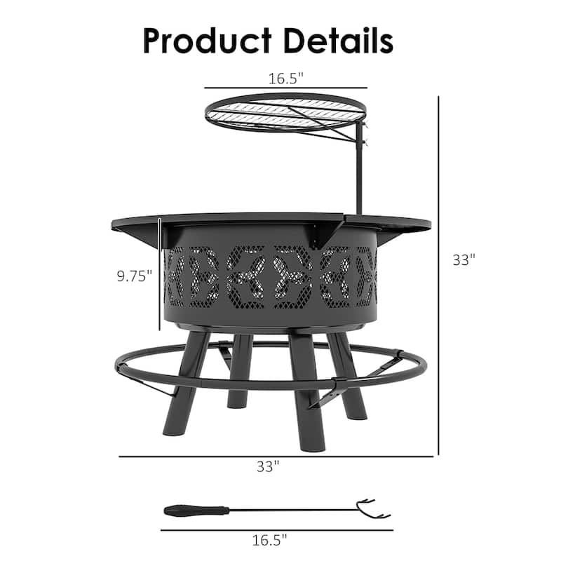 33" Portable Wood Burning Fire Pit w/ Cooking Grate, Pan, Poker - 33" Dia. x 33" H