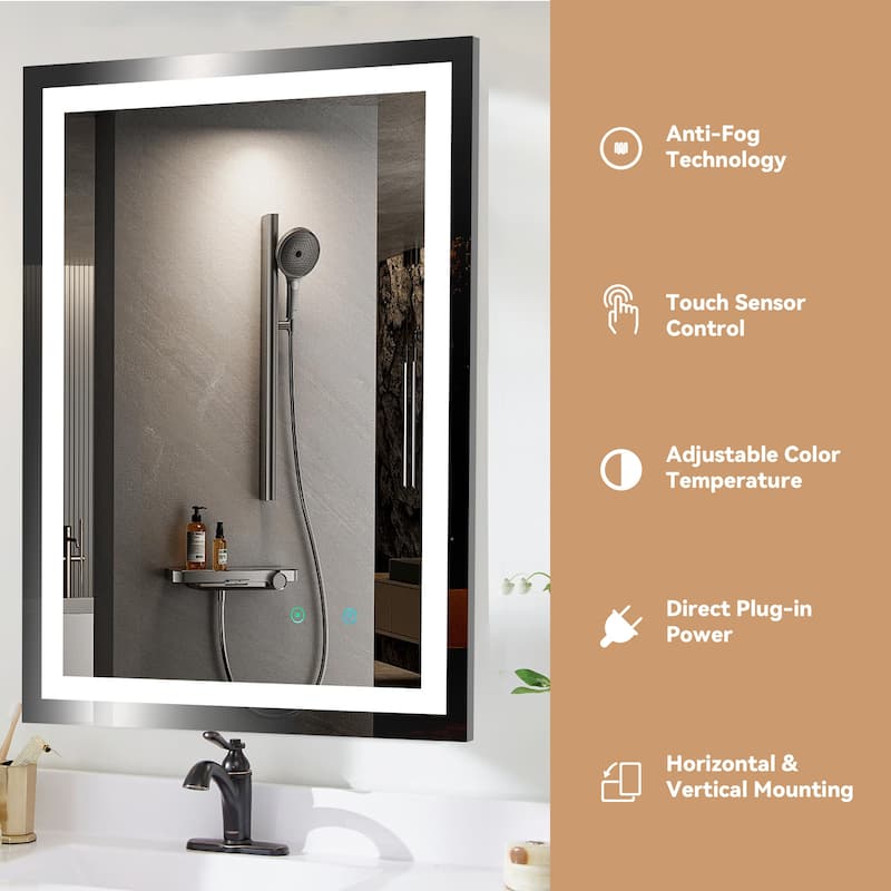Frameless LED Bathroom Mirror with High Luminosity and Anti-Fog Technology, Wall-Mounted Rectangle Vanity Mirror