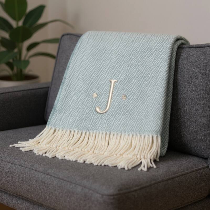 55" X 70" Sky Blue And White Herringbone Cotton Blend S Initial Throw Blanket with Tassels And Embroidery
