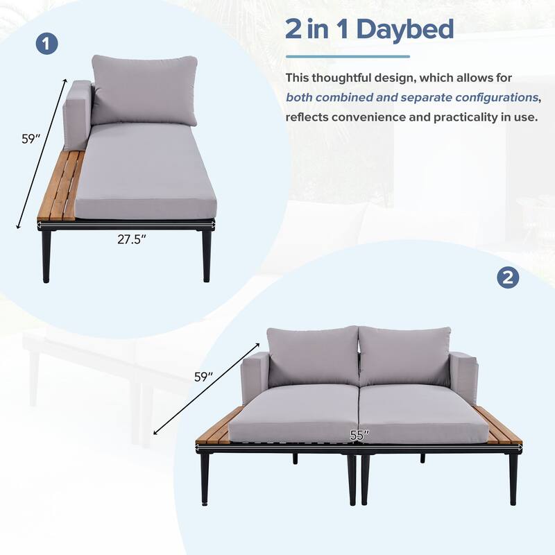 Modern Outdoor 2-in-1 Patio Daybed with Cushions, Acacia Wood Side Tables,Convertible Metal Chaise Lounge for Balcony, Poolside