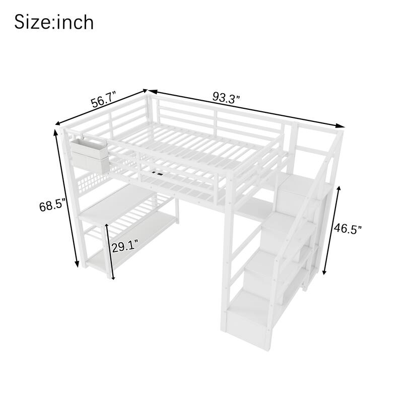 Roomfitters Full Metal Loft Bed, L-Shaped Desk and LED Staircase Wardrobe with Charging Station for Girls Bedroom