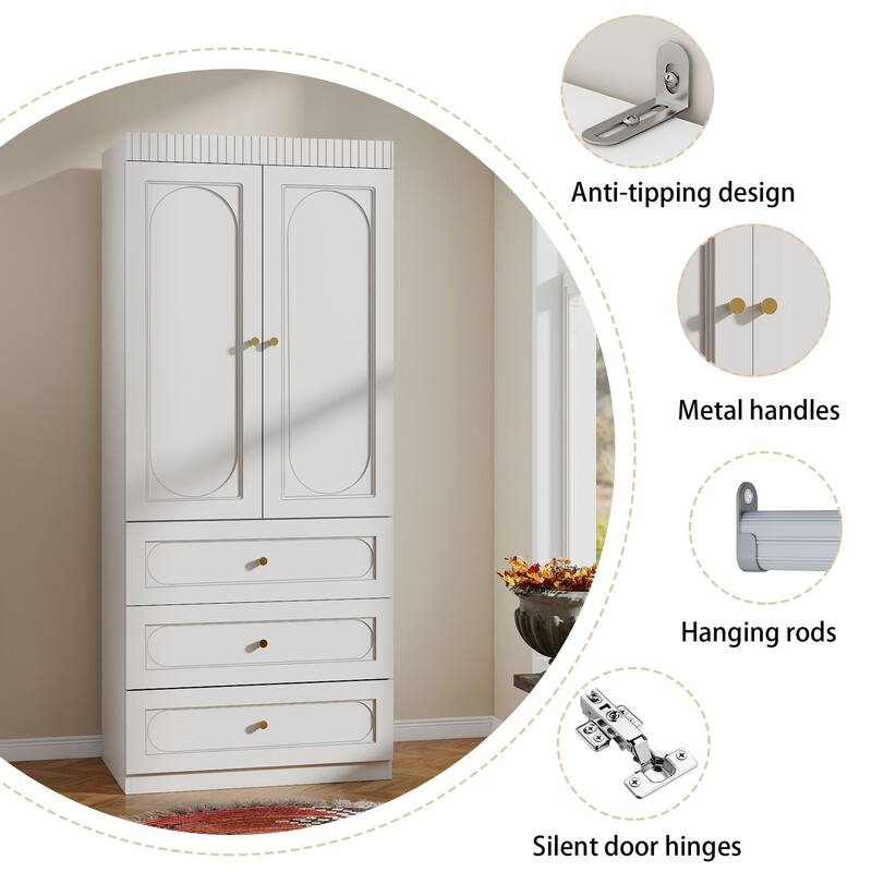 75" Wooden Armoire Wardrobe Closet with Doors, Drawers & Hanging Rod