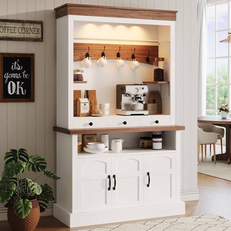Coffee Bar Cabinet with LED Light, 72" Tall Farmhouse Coffee Bar Hutch with Storage - White