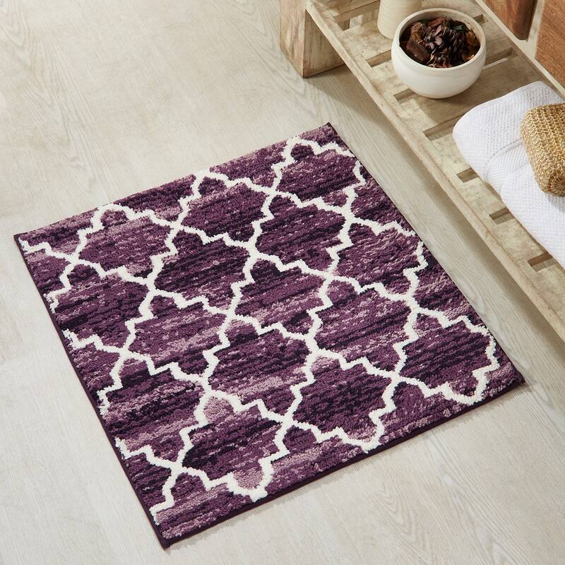 Better Trends Savio Collection Marrakesh Bathroom Rug - 100% Micro Polyester with Gel Foam Backing, Machine Washable Bath Mat - 24" x 24" Square - Purple