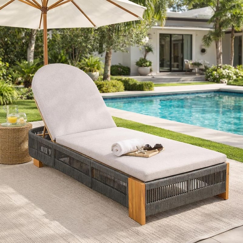 Outdoor Chaise Lounge w/Adjustable Backrest and Waterproof Cushion, Acacia Wood Pool Chair - Teak+Grey 1chair
