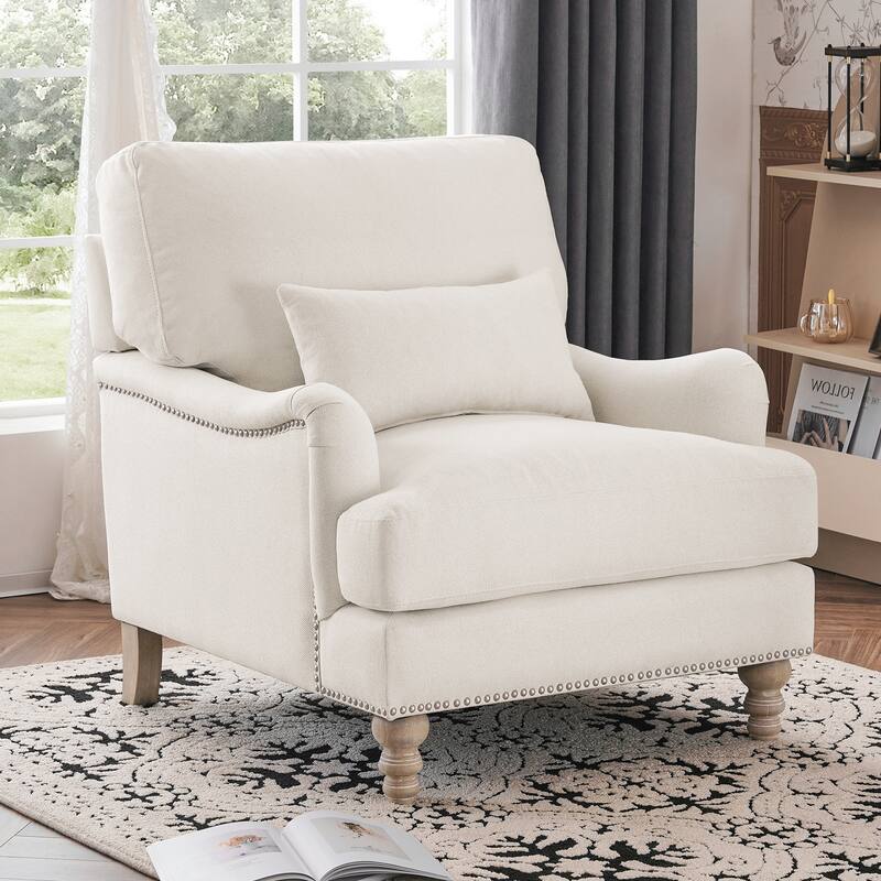 Upholstered Accent Chair with Solid Wood Legs and Pillow for Living Room Seating - Single - Ivory