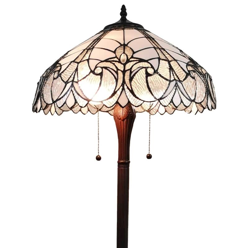 Dark Brown Metal Torchiere Floor Lamp with White Stained Glass Shade - 18” x 18” x 62” (D x W x H)