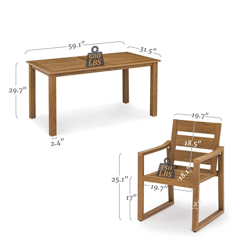 5-Piece HDPS Rectangular Patio Dining Set with Slatted Table Top and outdoor Armchairs - 23.6"D x 24.6"W x 34.6"H